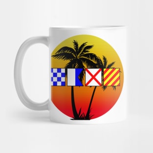 NAVY spelled out with Signal Flags Sunset Palm Trees Mug